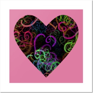 Crazy Vivid Color Curvy Hearts Shapes on Black Posters and Art